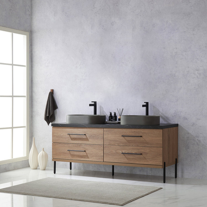Vinnova 705172O-NO-SL Trento 72" Double Vanity in North American Oak with Black Sintered Stone Top with Oval Concrete Sink