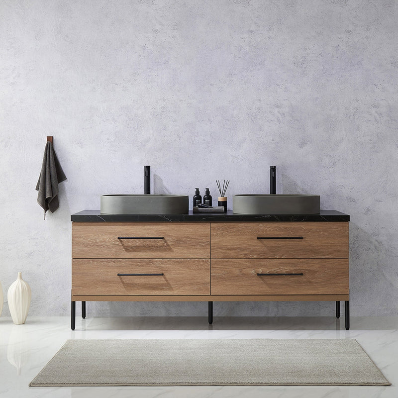 Vinnova 705172O-NO-SL Trento 72" Double Vanity in North American Oak with Black Sintered Stone Top with Oval Concrete Sink