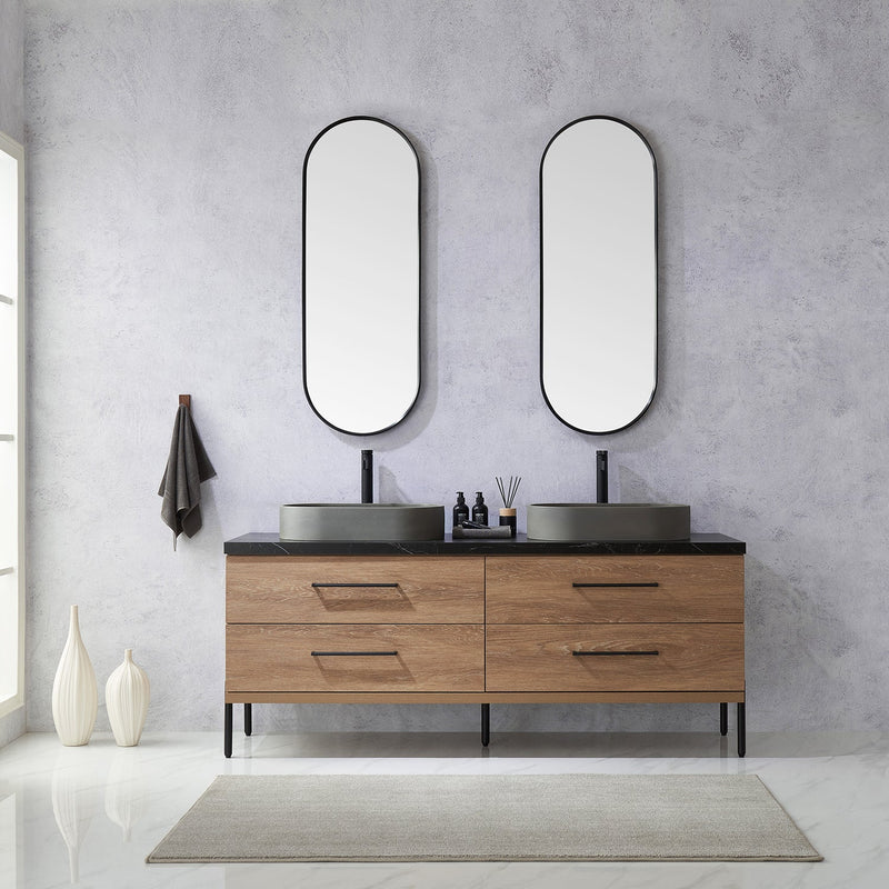 Vinnova 705172O-NO-SL Trento 72" Double Vanity in North American Oak with Black Sintered Stone Top with Oval Concrete Sink