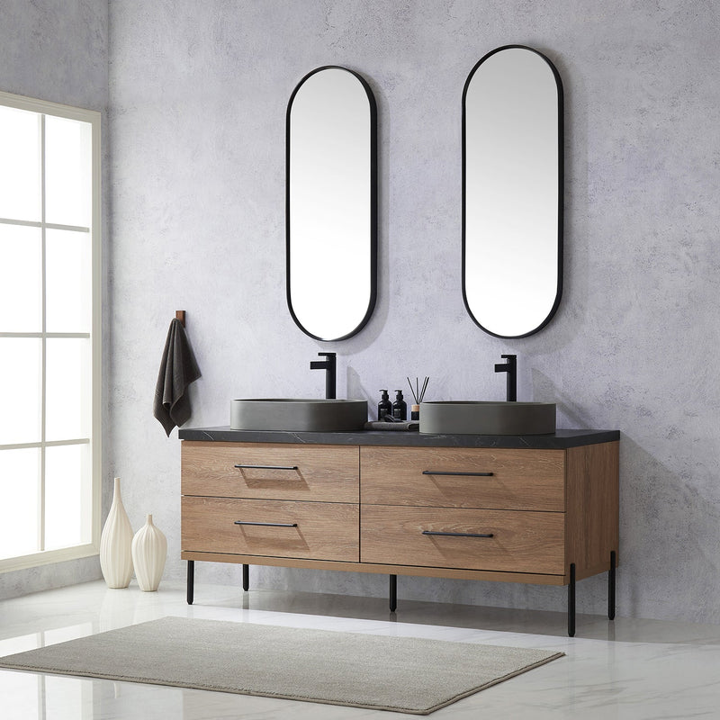 Vinnova 705172O-NO-SL Trento 72" Double Vanity in North American Oak with Black Sintered Stone Top with Oval Concrete Sink