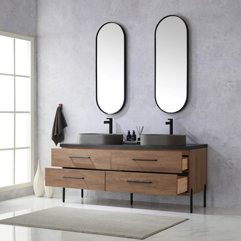 Vinnova 705172O-NO-SL Trento 72" Double Vanity in North American Oak with Black Sintered Stone Top with Oval Concrete Sink
