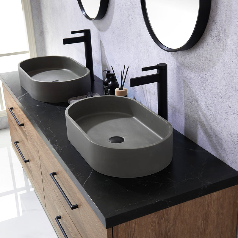 Vinnova 705172O-NO-SL Trento 72" Double Vanity in North American Oak with Black Sintered Stone Top with Oval Concrete Sink