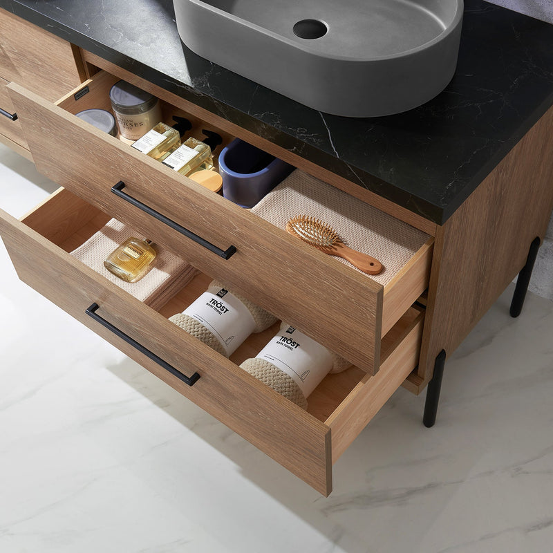 Vinnova 705172O-NO-SL Trento 72" Double Vanity in North American Oak with Black Sintered Stone Top with Oval Concrete Sink