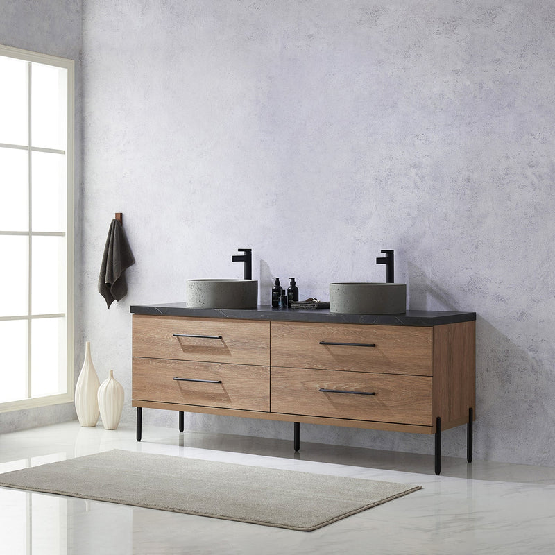 Vinnova 705172R-NO-SL Trento 72" Double Vanity in North American Oak with Black Sintered Stone Top with Natural Circular Concrete Sink
