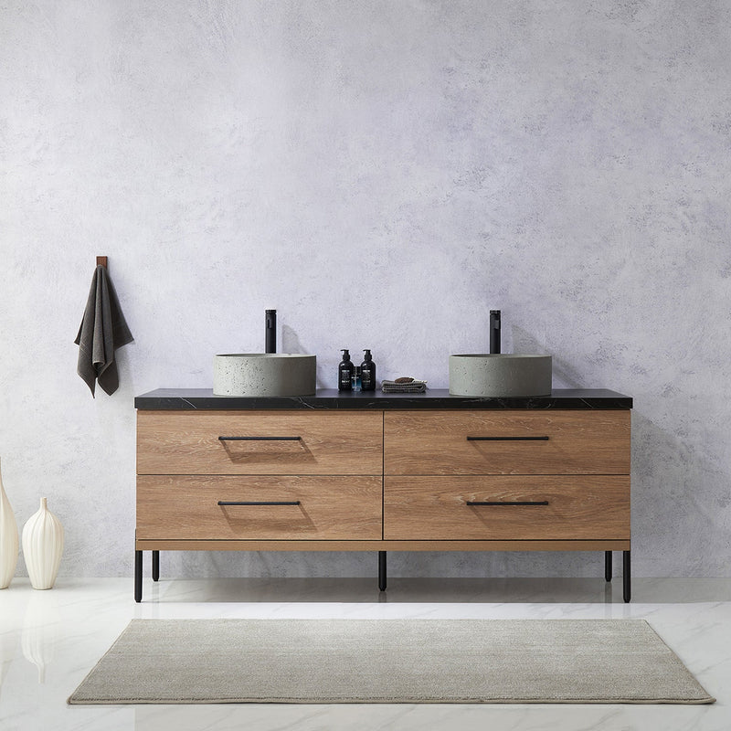 Vinnova 705172R-NO-SL Trento 72" Double Vanity in North American Oak with Black Sintered Stone Top with Natural Circular Concrete Sink