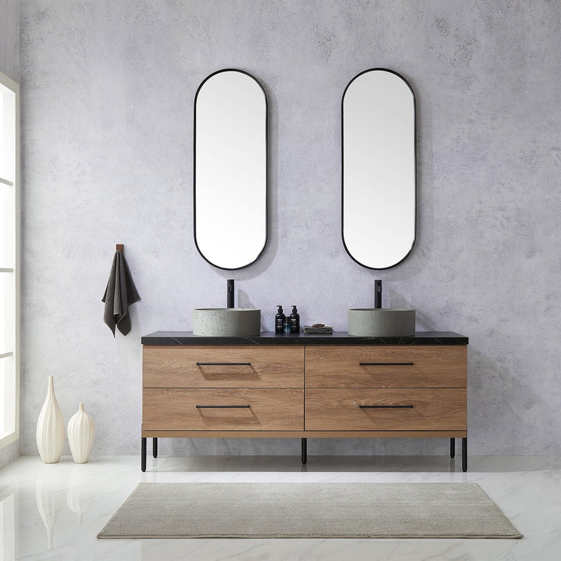 Vinnova 705172R-NO-SL Trento 72" Double Vanity in North American Oak with Black Sintered Stone Top with Natural Circular Concrete Sink