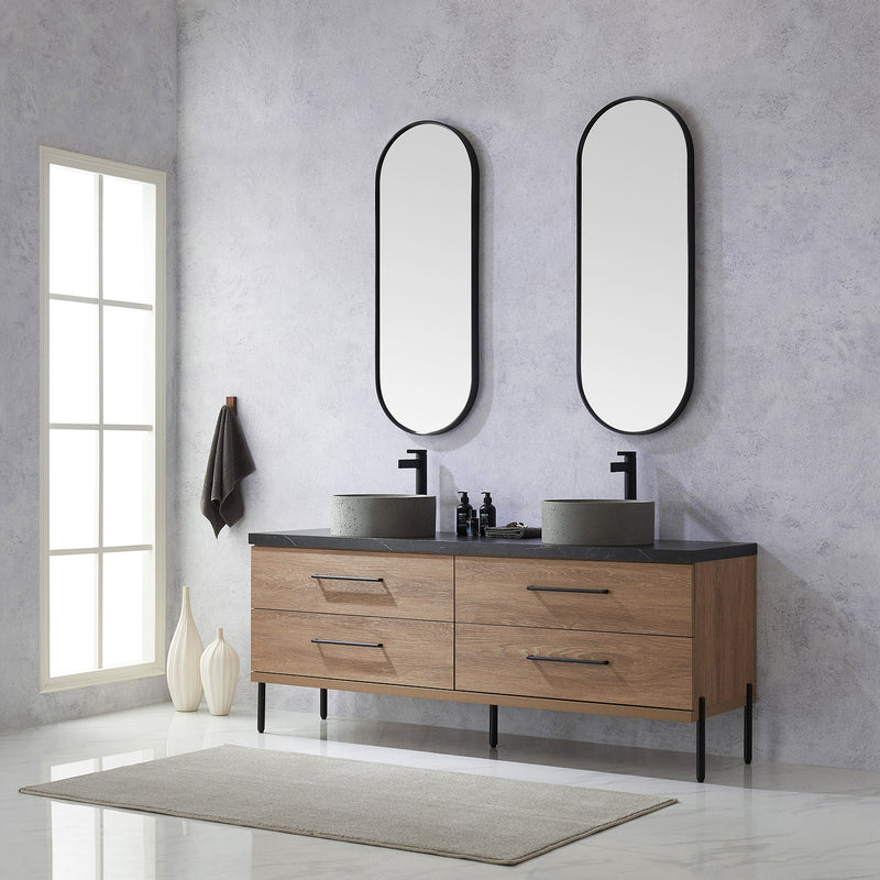 Vinnova 705172R-NO-SL Trento 72" Double Vanity in North American Oak with Black Sintered Stone Top with Natural Circular Concrete Sink
