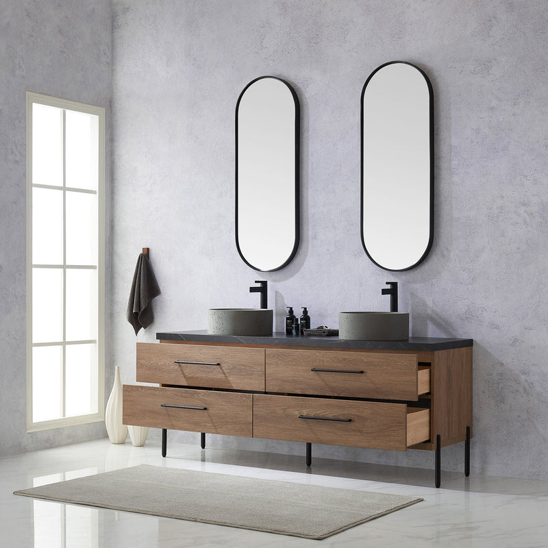 Vinnova 705172R-NO-SL Trento 72" Double Vanity in North American Oak with Black Sintered Stone Top with Natural Circular Concrete Sink