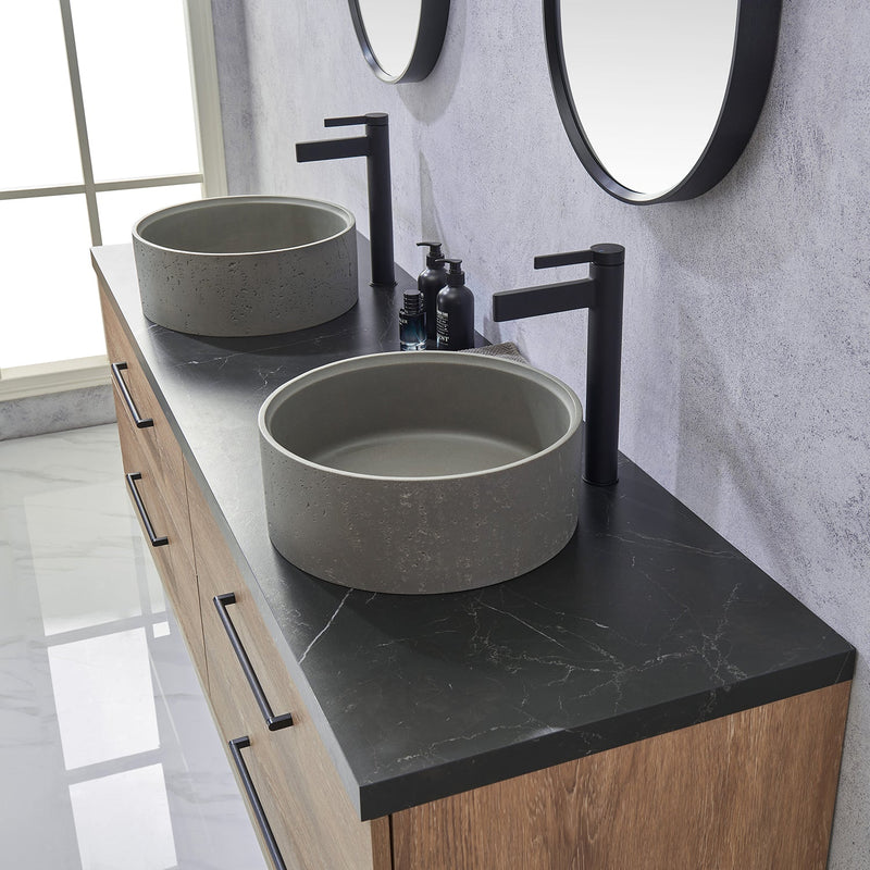 Vinnova 705172R-NO-SL Trento 72" Double Vanity in North American Oak with Black Sintered Stone Top with Natural Circular Concrete Sink
