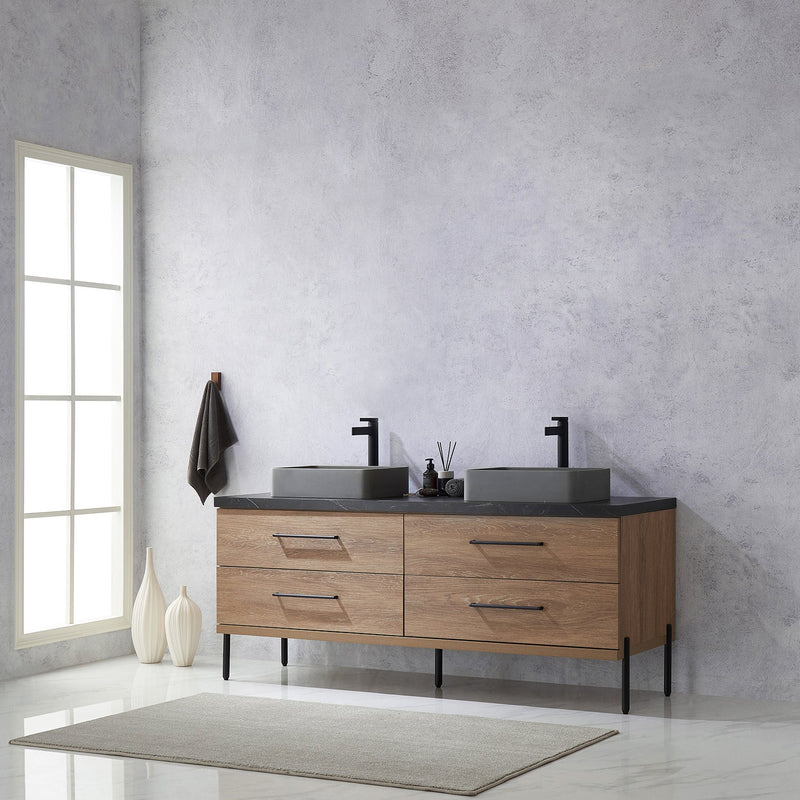 Vinnova 705172S-NO-SL Trento 72" Double Vanity in North American Oak with Black Sintered Stone Top with Rectangular Concrete Sink