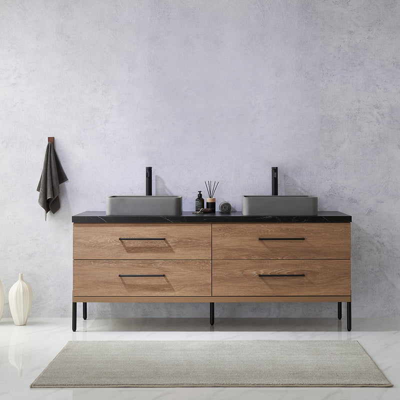 Vinnova 705172S-NO-SL Trento 72" Double Vanity in North American Oak with Black Sintered Stone Top with Rectangular Concrete Sink