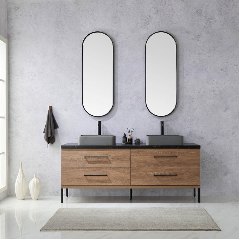 Vinnova 705172S-NO-SL Trento 72" Double Vanity in North American Oak with Black Sintered Stone Top with Rectangular Concrete Sink