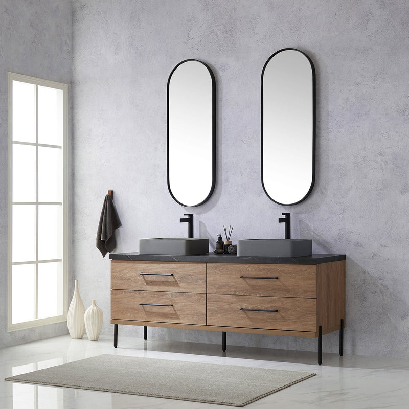 Vinnova 705172S-NO-SL Trento 72" Double Vanity in North American Oak with Black Sintered Stone Top with Rectangular Concrete Sink