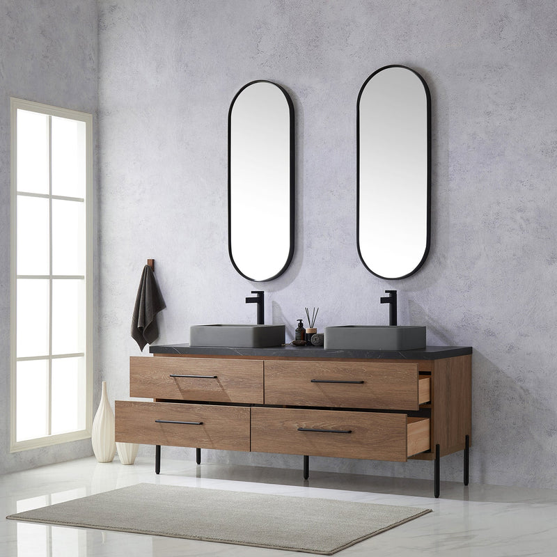 Vinnova 705172S-NO-SL Trento 72" Double Vanity in North American Oak with Black Sintered Stone Top with Rectangular Concrete Sink