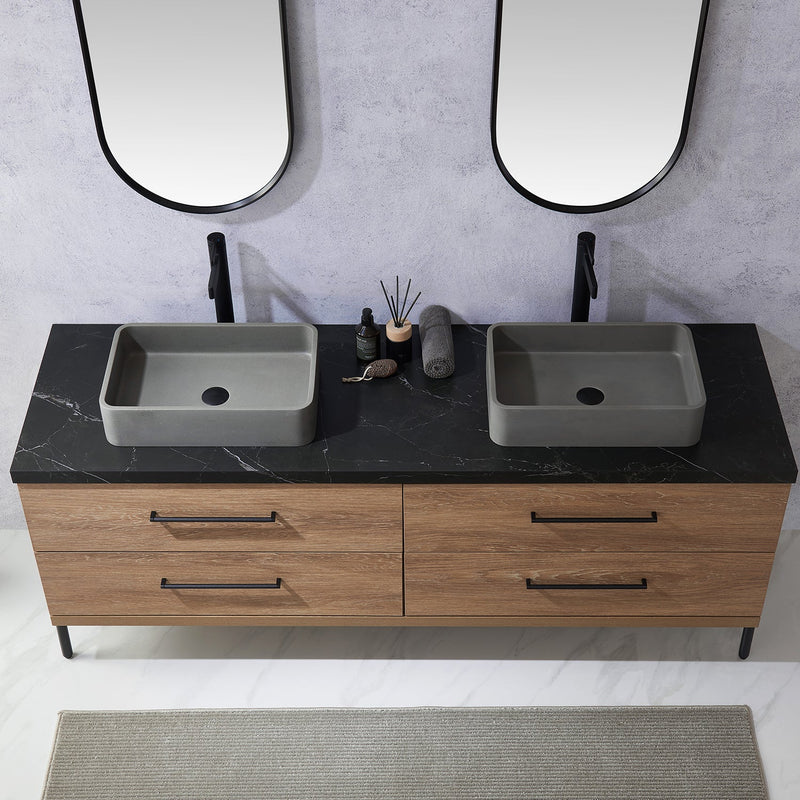 Vinnova 705172S-NO-SL Trento 72" Double Vanity in North American Oak with Black Sintered Stone Top with Rectangular Concrete Sink