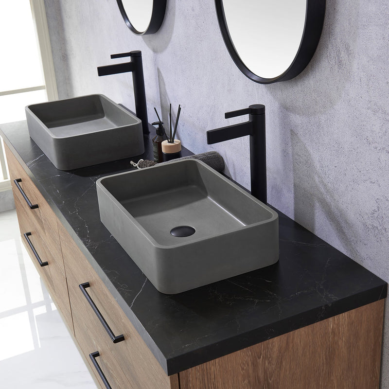 Vinnova 705172S-NO-SL Trento 72" Double Vanity in North American Oak with Black Sintered Stone Top with Rectangular Concrete Sink