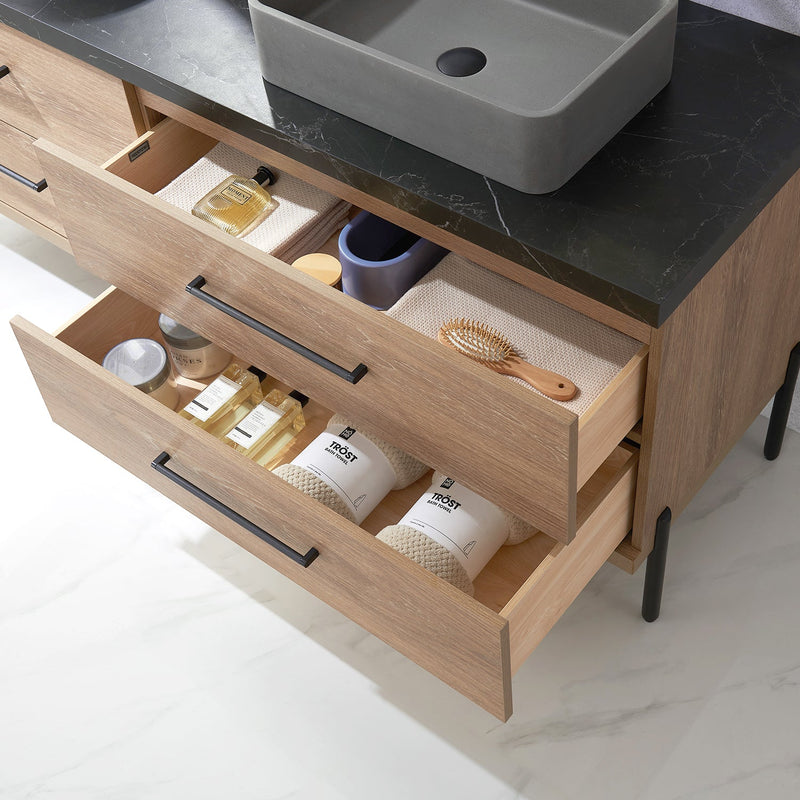 Vinnova 705172S-NO-SL Trento 72" Double Vanity in North American Oak with Black Sintered Stone Top with Rectangular Concrete Sink