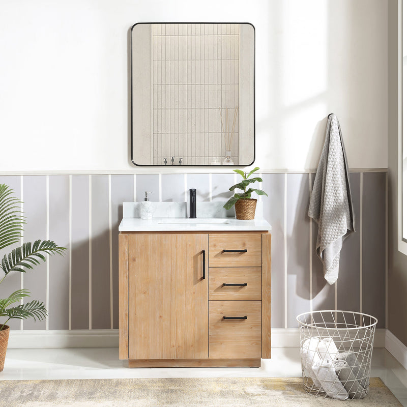 Vinnova 705736-FN-GW San 36" Free-standing Single Bath Vanity in Fir Wood Brown with White Grain Composite Stone Top