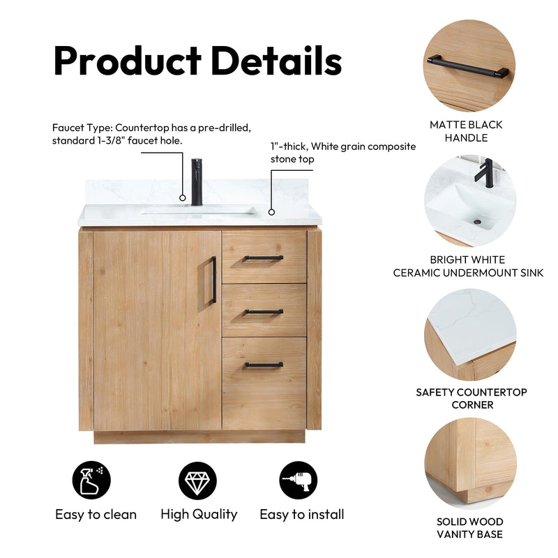 Vinnova 705736-FN-GW San 36" Free-standing Single Bath Vanity in Fir Wood Brown with White Grain Composite Stone Top