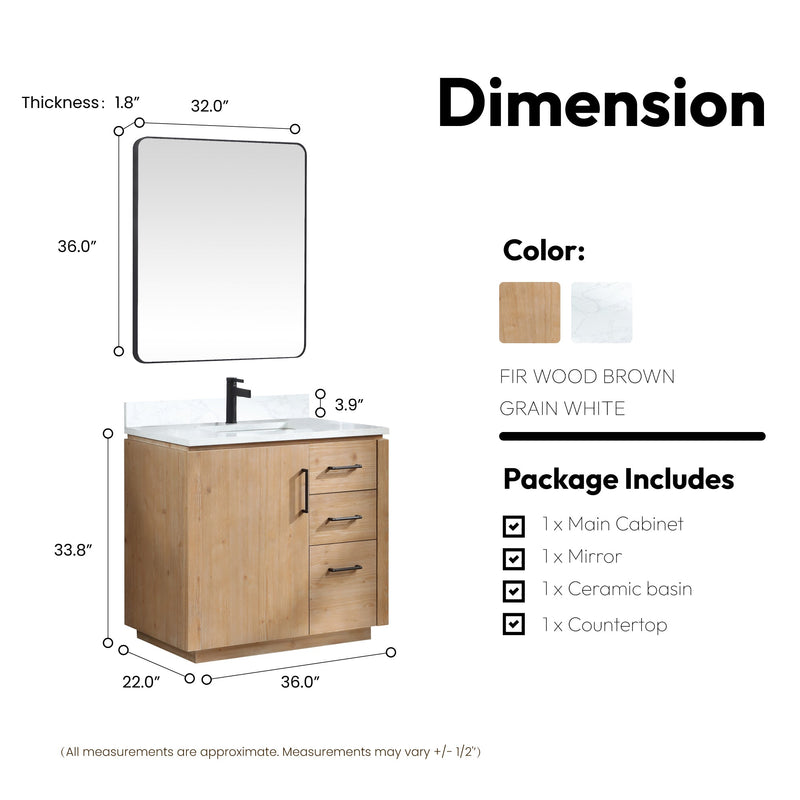 Vinnova 705736-FN-GW San 36" Free-standing Single Bath Vanity in Fir Wood Brown with White Grain Composite Stone Top