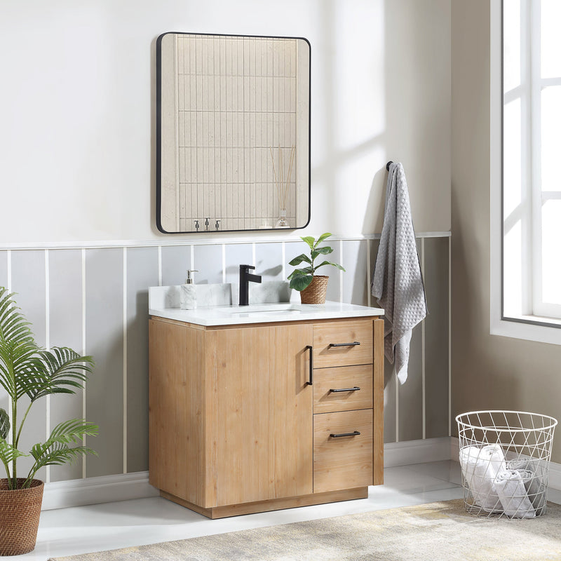 Vinnova 705736-FN-GW San 36" Free-standing Single Bath Vanity in Fir Wood Brown with White Grain Composite Stone Top