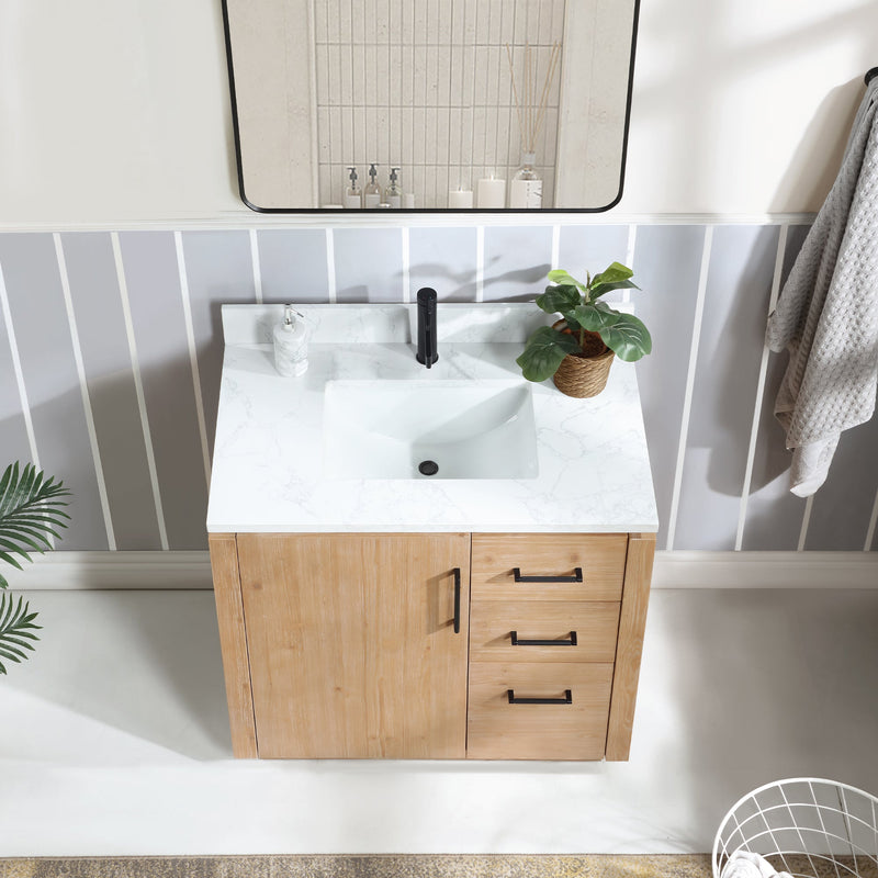 Vinnova 705736-FN-GW San 36" Free-standing Single Bath Vanity in Fir Wood Brown with White Grain Composite Stone Top