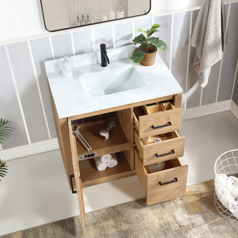 Vinnova 705736-FN-GW San 36" Free-standing Single Bath Vanity in Fir Wood Brown with White Grain Composite Stone Top