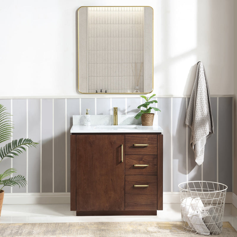 Vinnova 705736-NW-GW San 36" Free-standing Single Bath Vanity in Natural Walnut with White Grain Composite Stone Top