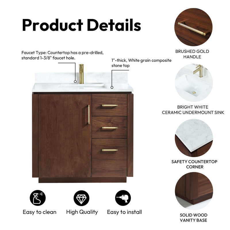Vinnova 705736-NW-GW San 36" Free-standing Single Bath Vanity in Natural Walnut with White Grain Composite Stone Top