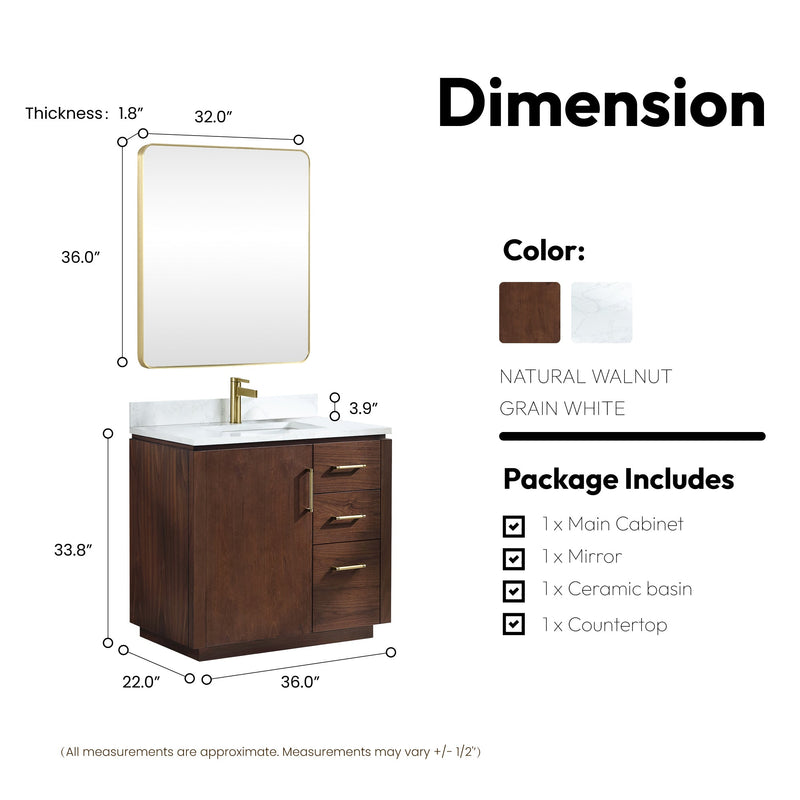 Vinnova 705736-NW-GW San 36" Free-standing Single Bath Vanity in Natural Walnut with White Grain Composite Stone Top