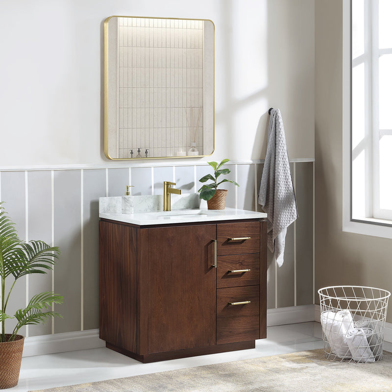 Vinnova 705736-NW-GW San 36" Free-standing Single Bath Vanity in Natural Walnut with White Grain Composite Stone Top