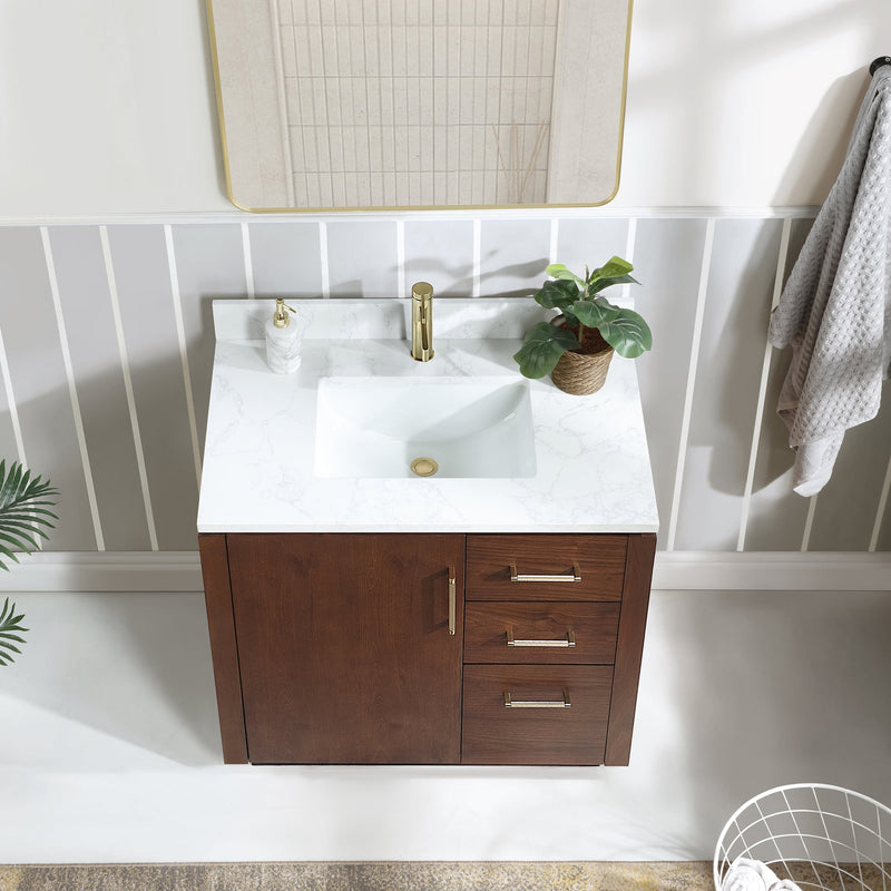 Vinnova 705736-NW-GW San 36" Free-standing Single Bath Vanity in Natural Walnut with White Grain Composite Stone Top