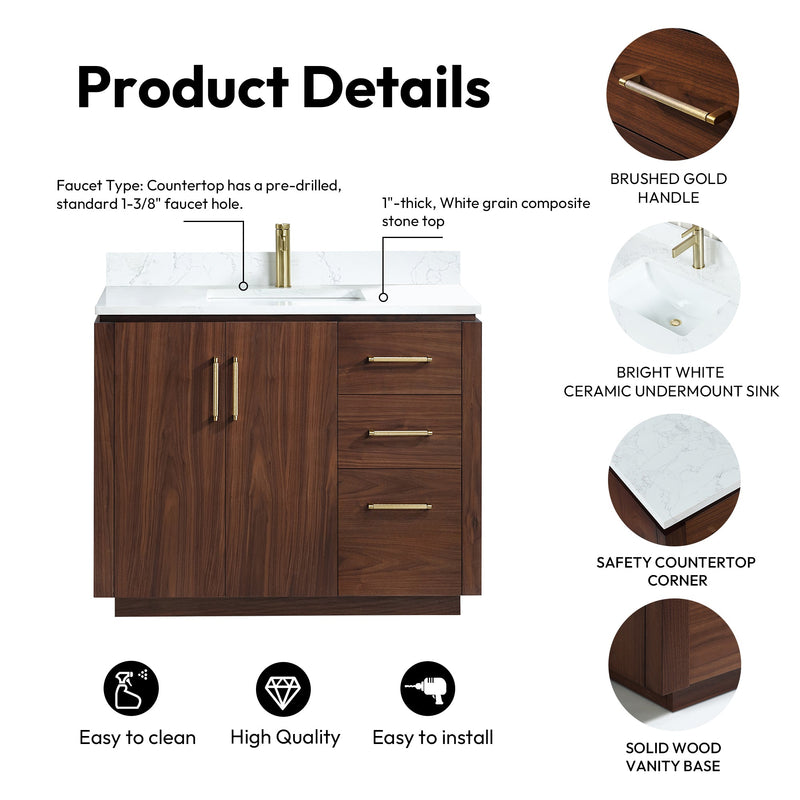 Vinnova 705742-NW-GW San 42" Free-standing Single Bath Vanity in Natural Walnut with White Grain Composite Stone Top