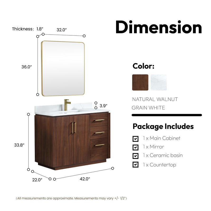 Vinnova 705742-NW-GW San 42" Free-standing Single Bath Vanity in Natural Walnut with White Grain Composite Stone Top
