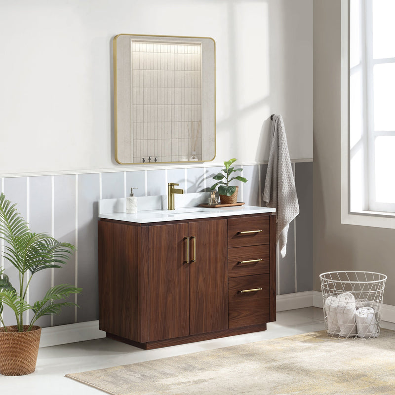 Vinnova 705742-NW-GW San 42" Free-standing Single Bath Vanity in Natural Walnut with White Grain Composite Stone Top