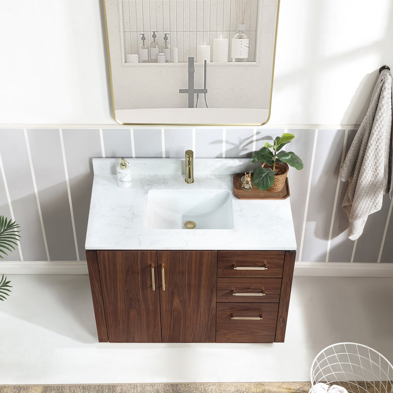 Vinnova 705742-NW-GW San 42" Free-standing Single Bath Vanity in Natural Walnut with White Grain Composite Stone Top