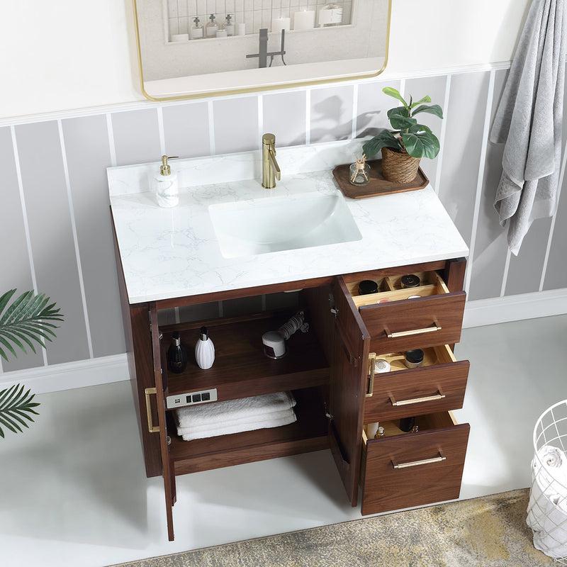 Vinnova 705742-NW-GW San 42" Free-standing Single Bath Vanity in Natural Walnut with White Grain Composite Stone Top