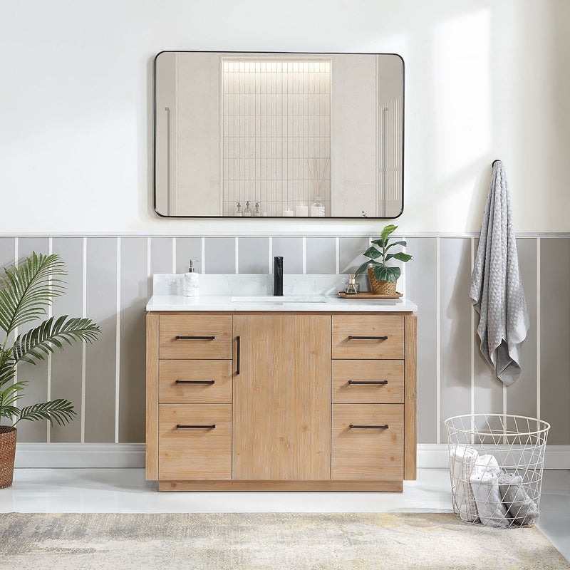 Vinnova 705748-FN-GW San 48" Free-standing Single Bath Vanity in Fir Wood Brown with White Grain Composite Stone Top