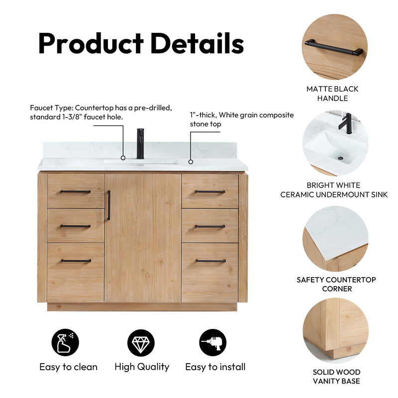 Vinnova 705748-FN-GW San 48" Free-standing Single Bath Vanity in Fir Wood Brown with White Grain Composite Stone Top
