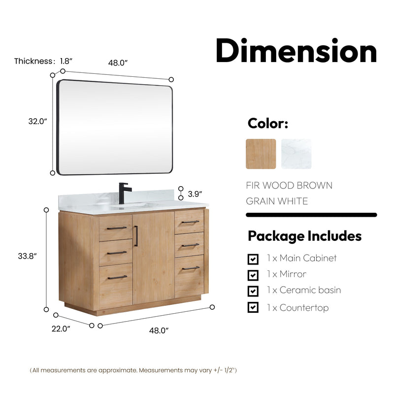 Vinnova 705748-FN-GW San 48" Free-standing Single Bath Vanity in Fir Wood Brown with White Grain Composite Stone Top