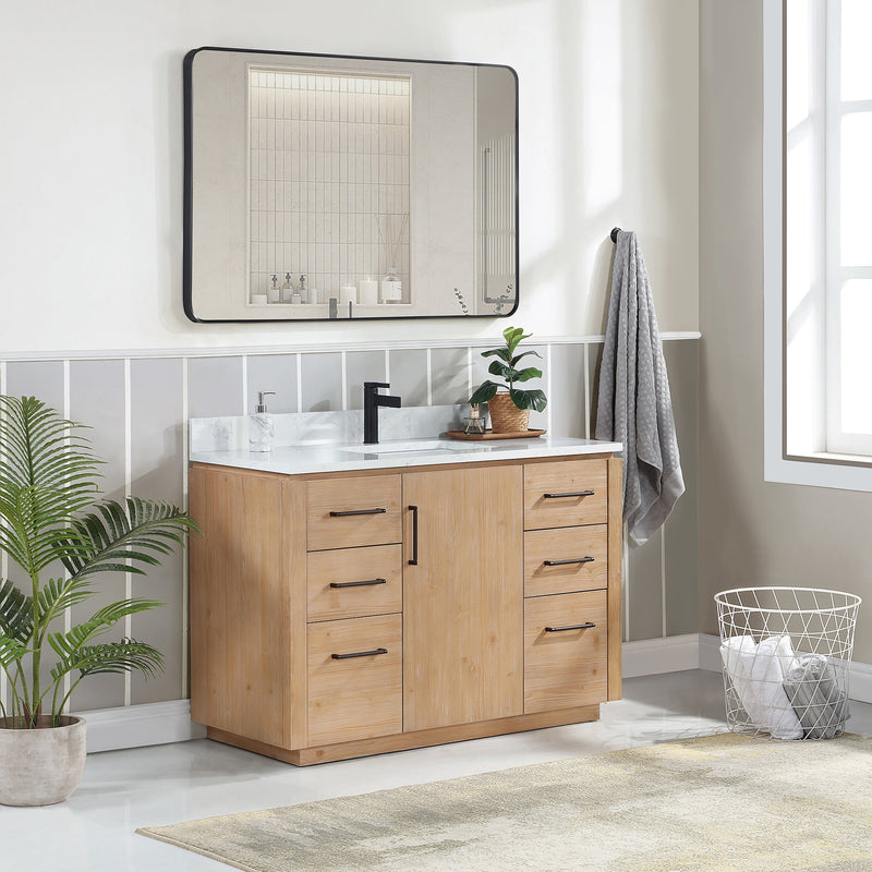 Vinnova 705748-FN-GW San 48" Free-standing Single Bath Vanity in Fir Wood Brown with White Grain Composite Stone Top