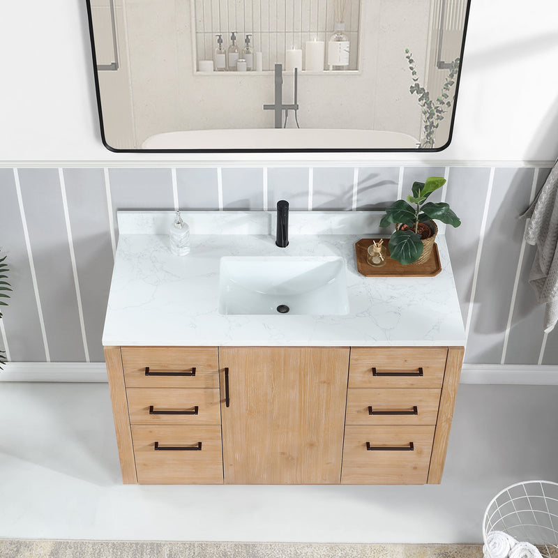 Vinnova 705748-FN-GW San 48" Free-standing Single Bath Vanity in Fir Wood Brown with White Grain Composite Stone Top