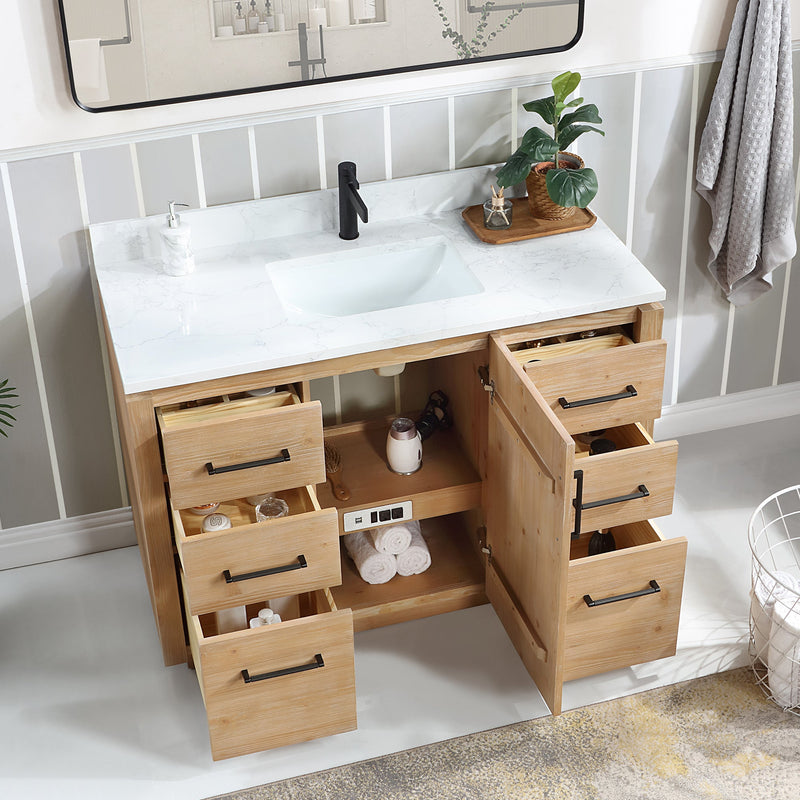 Vinnova 705748-FN-GW San 48" Free-standing Single Bath Vanity in Fir Wood Brown with White Grain Composite Stone Top