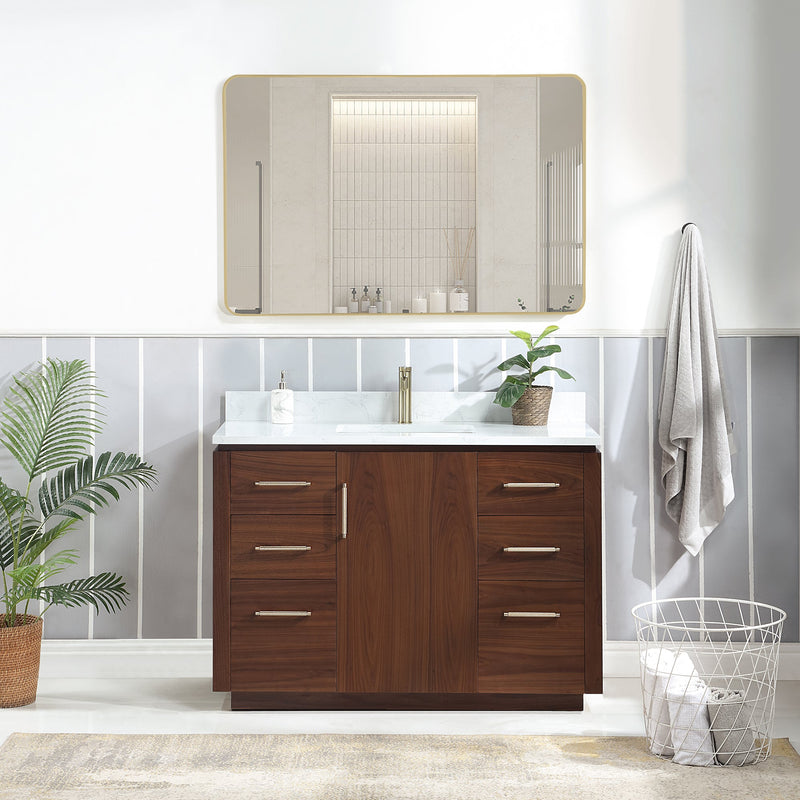 Vinnova 705748-NW-GW San 48" Free-standing Single Bath Vanity in Natural Walnut with White Grain Composite Stone Top