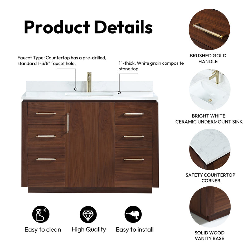 Vinnova 705748-NW-GW San 48" Free-standing Single Bath Vanity in Natural Walnut with White Grain Composite Stone Top