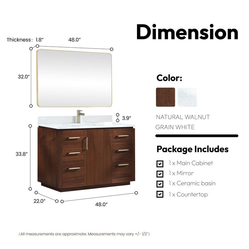 Vinnova 705748-NW-GW San 48" Free-standing Single Bath Vanity in Natural Walnut with White Grain Composite Stone Top