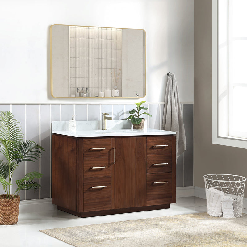 Vinnova 705748-NW-GW San 48" Free-standing Single Bath Vanity in Natural Walnut with White Grain Composite Stone Top