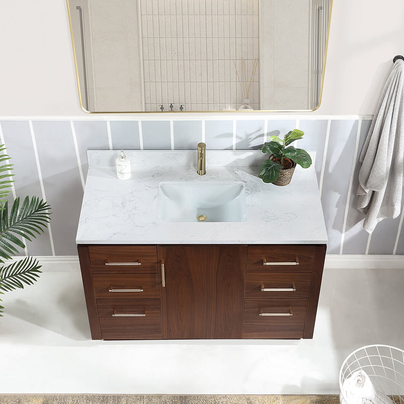 Vinnova 705748-NW-GW San 48" Free-standing Single Bath Vanity in Natural Walnut with White Grain Composite Stone Top