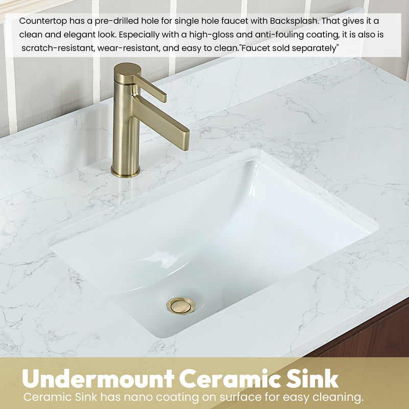 Vinnova 705748-NW-GW San 48" Free-standing Single Bath Vanity in Natural Walnut with White Grain Composite Stone Top