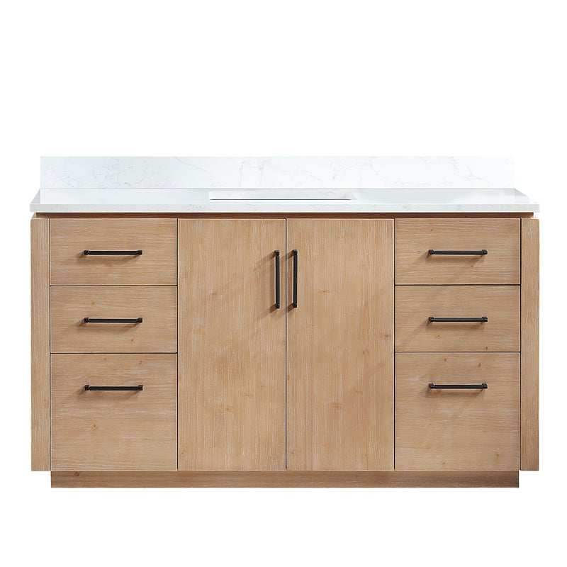Vinnova 705760-FN-GW San 60" Free-standing Single Bath Vanity in Fir Wood Brown with White Grain Composite Stone Top